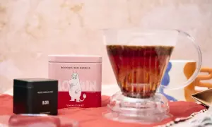 Rooibos z czerwonymi jagodami, przygotowywany do zaparzenia. Obok puszka z Muminkiem i czarna puszka z numerem 531. To nie herbata ze Sri Lanki, ale pyszny napar.