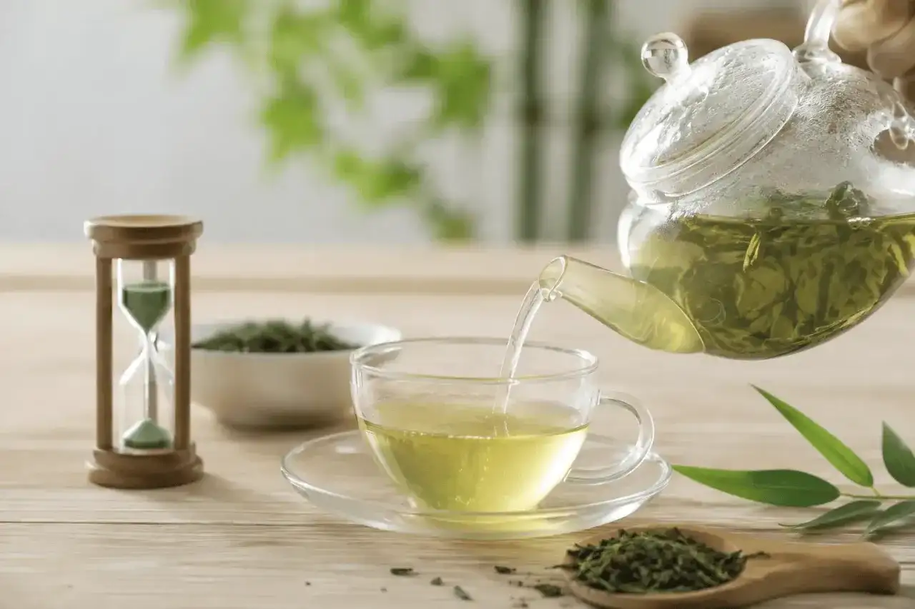 Nalewanie aromatycznej zielonej herbaty do filiżanki. Obok klepsydra odmierza czas parzenia.