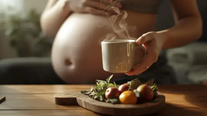 Ciepły kubek rooibosa w ciąży, paruje nad talerzem z owocami. Chwila relaksu dla przyszłej mamy.